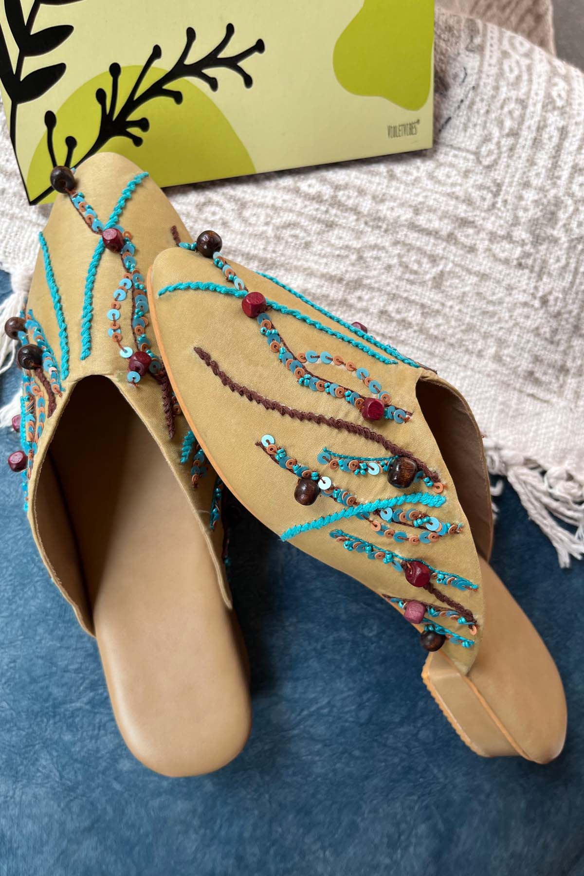 Beige Hand Embroidered Mules