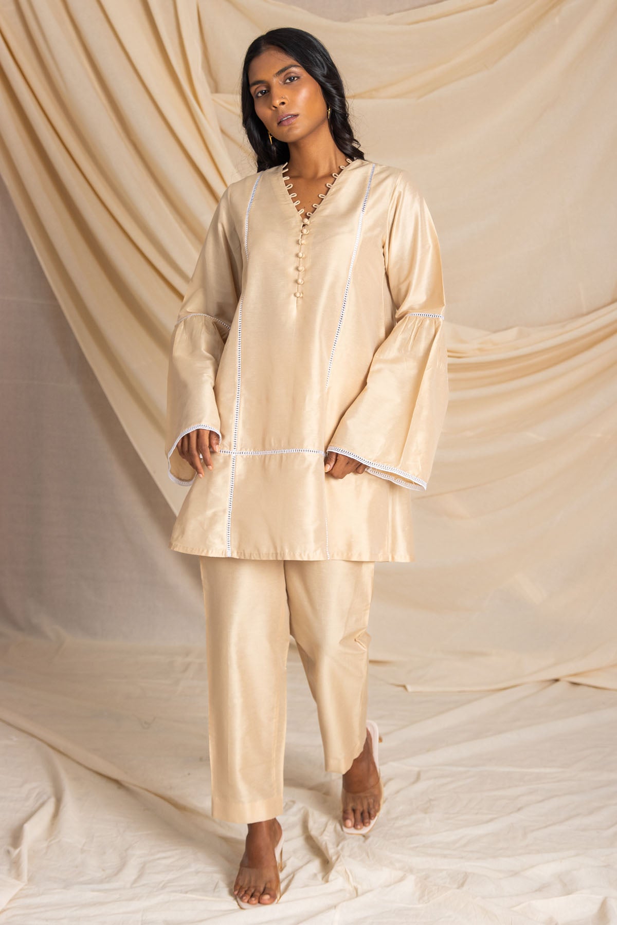 Beige Lace Detail Kurta & Pants