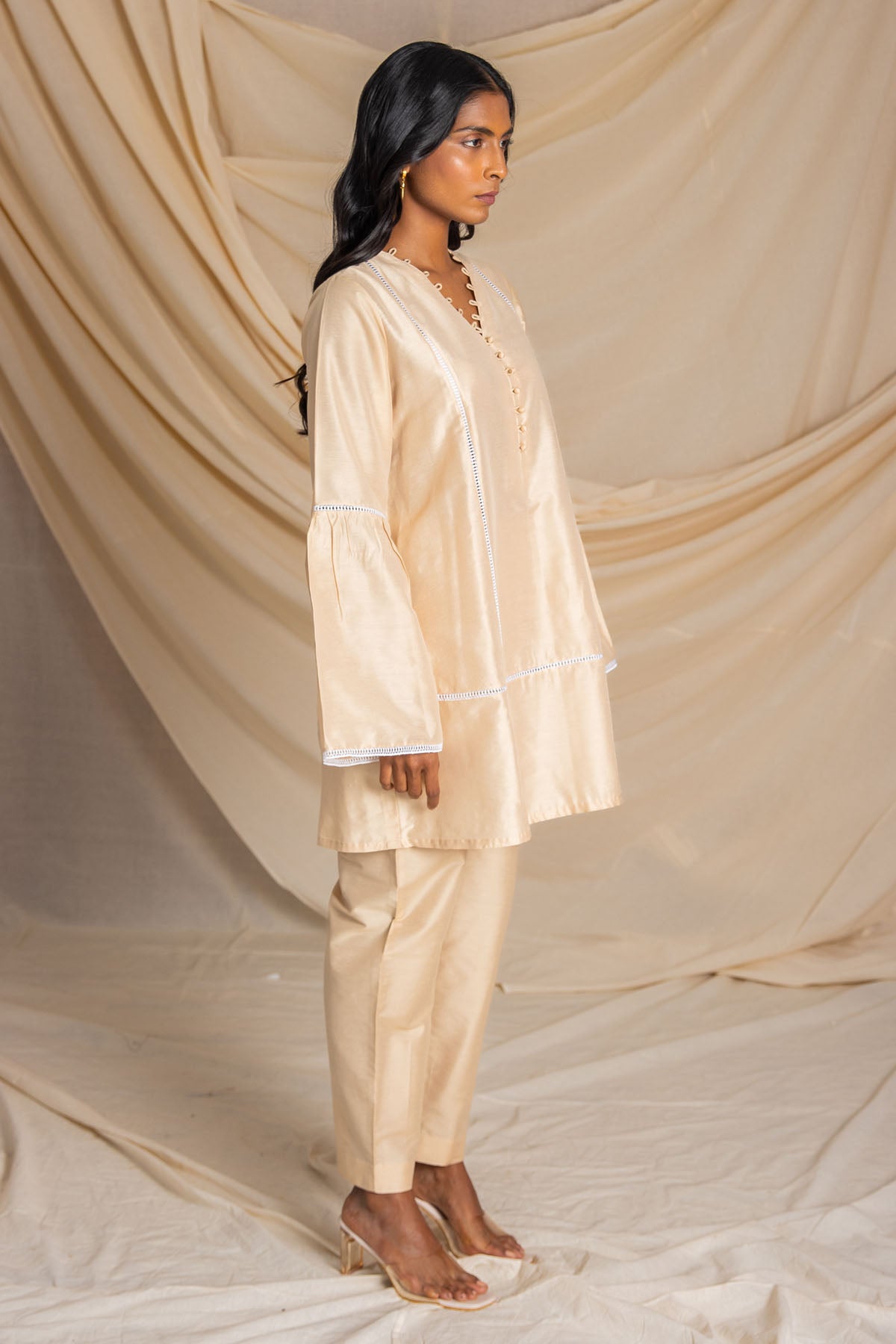 Beige Lace Detail Kurta & Pants