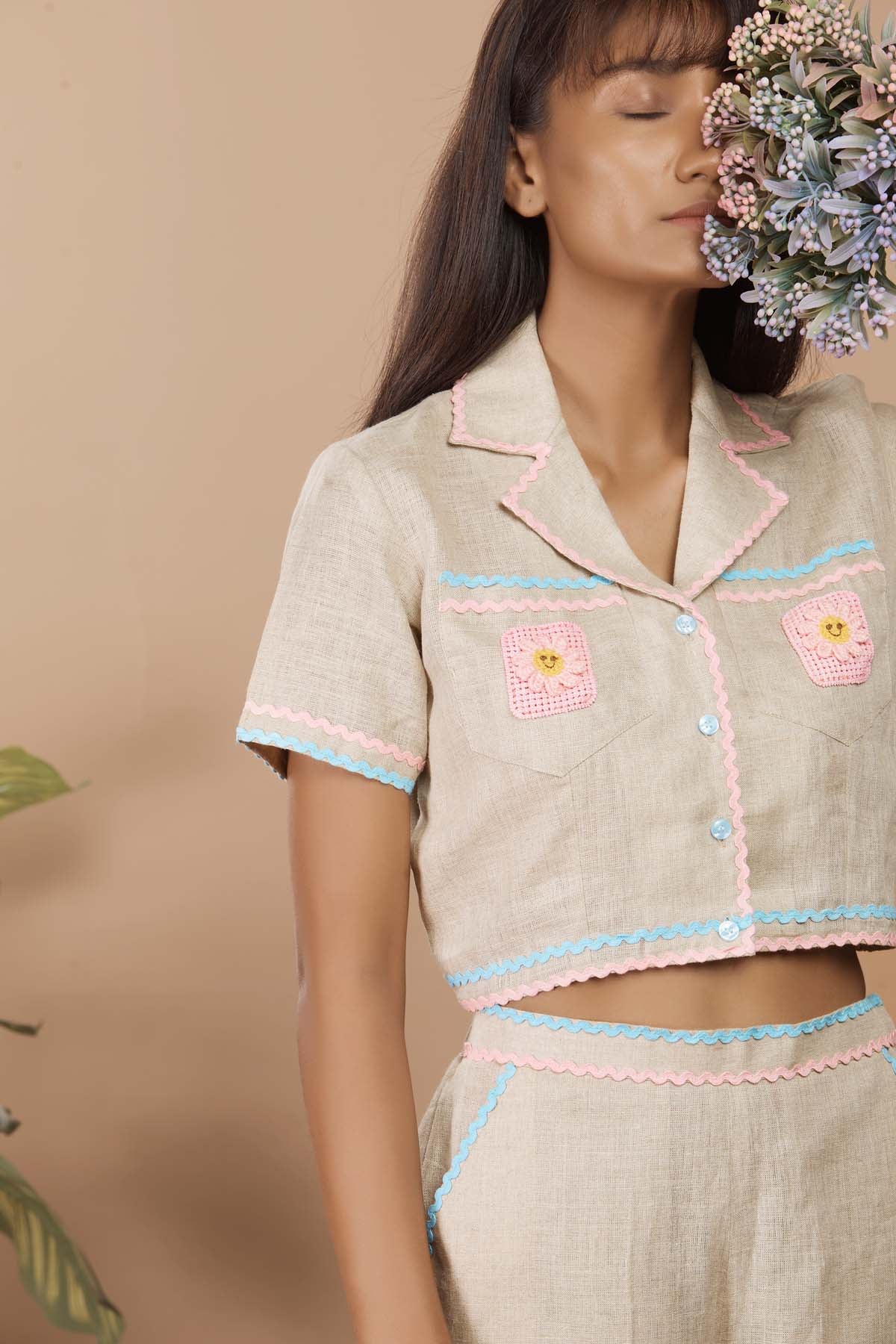 Beige Linen Crop Shirt & Pants