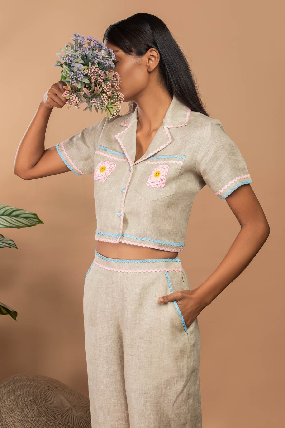 Beige Linen Crop Shirt & Pants