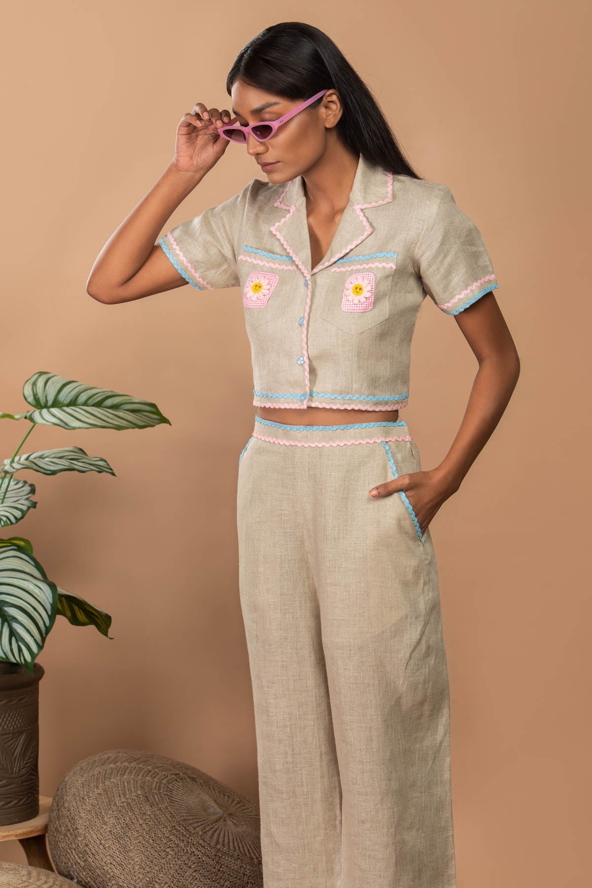 Beige Linen Crop Shirt & Pants