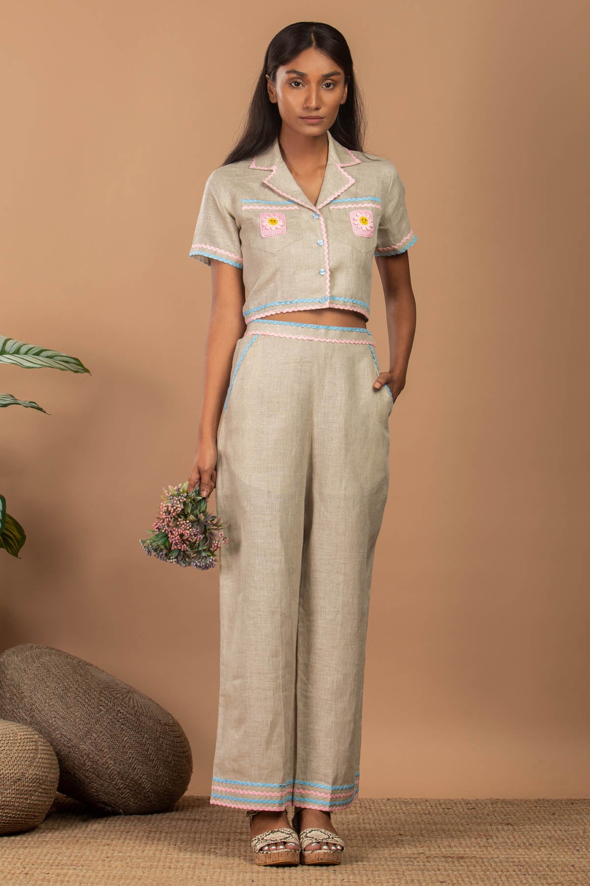Beige Linen Crop Shirt & Pants