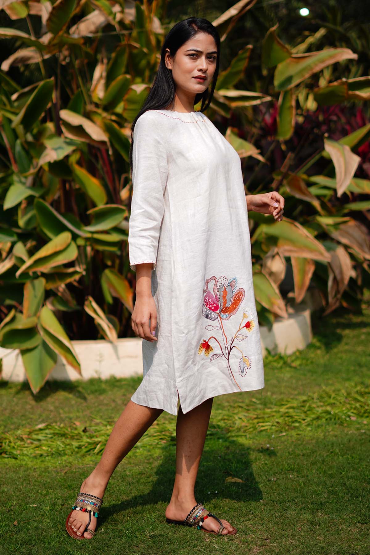 Beige Linen Embroidered Dress