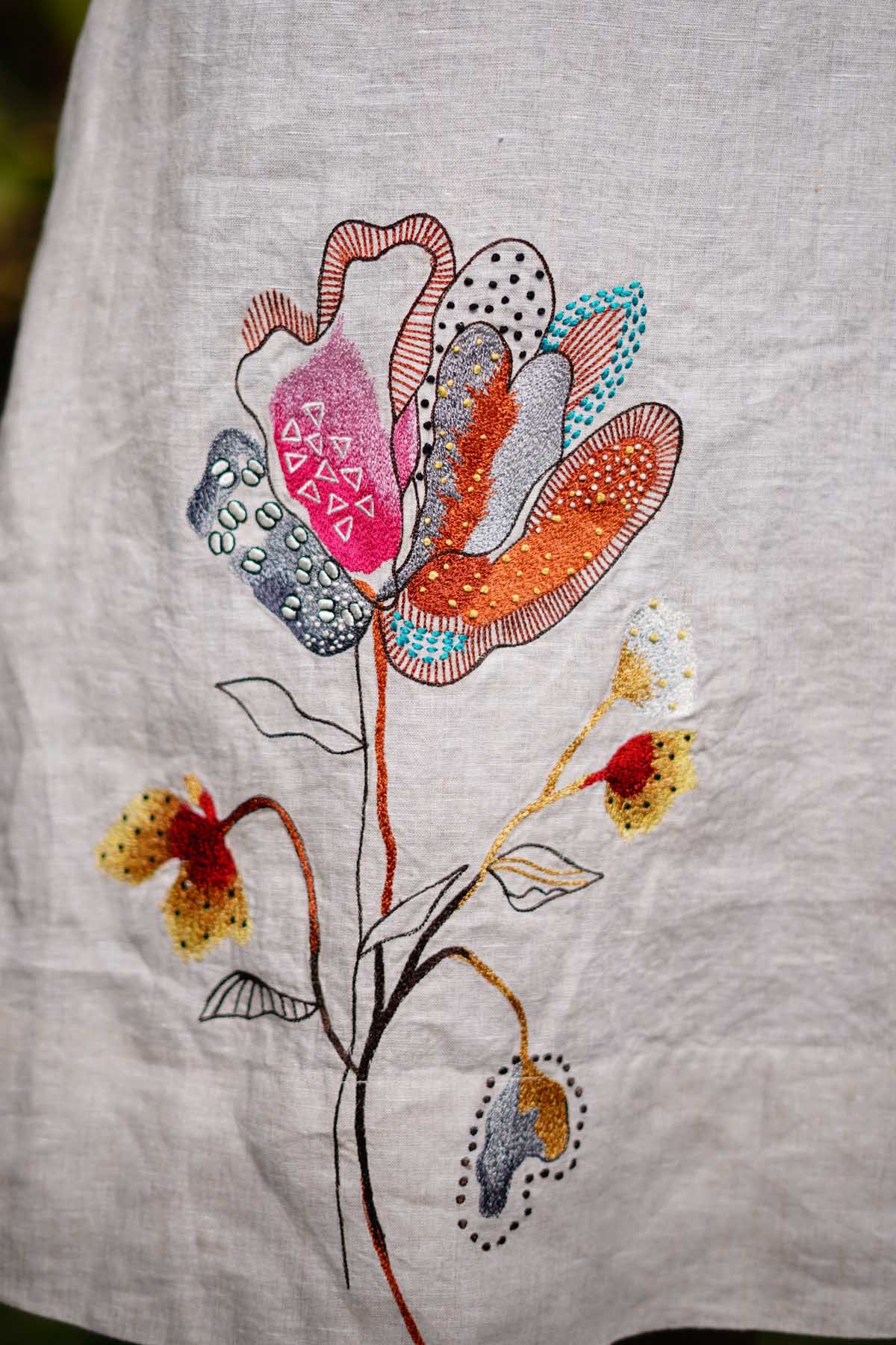 Beige Linen Embroidered Dress