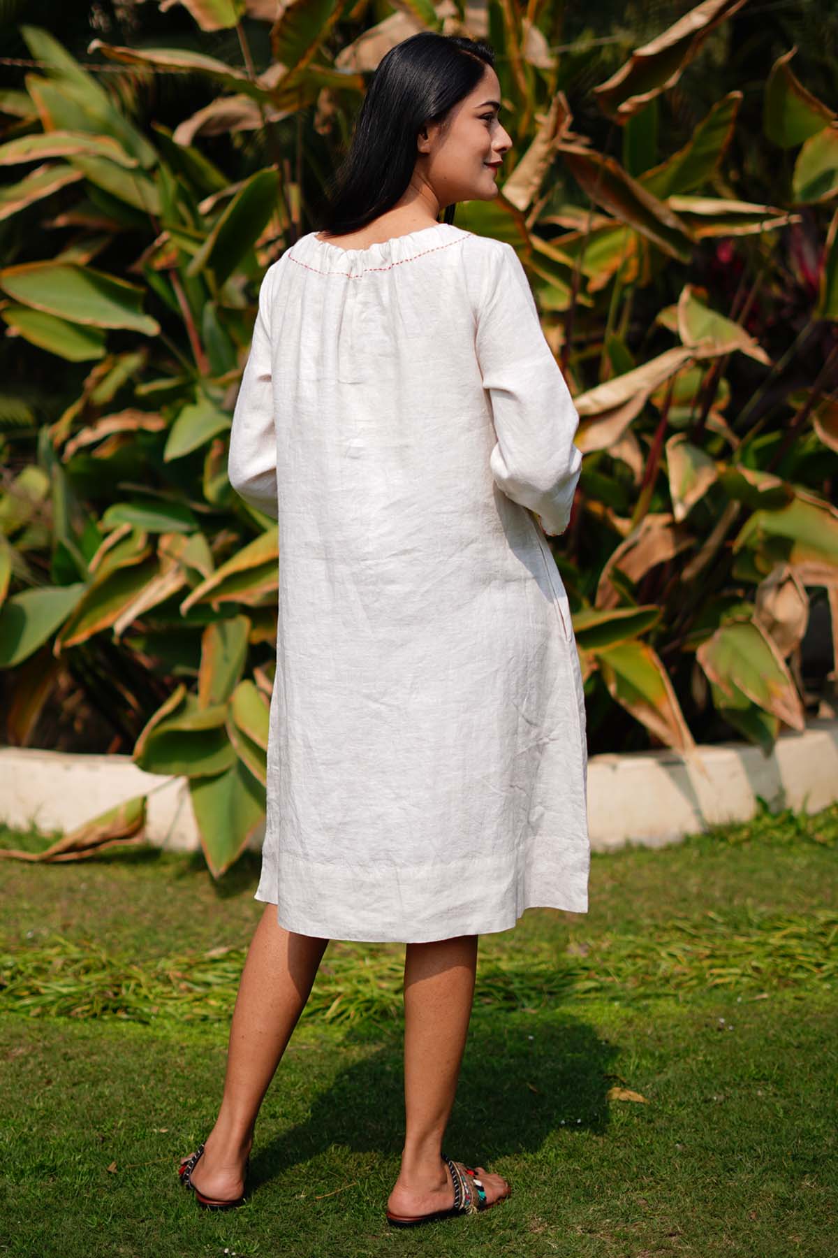 Buy Linen Bloom Beige Linen Embroidered Dress Online at ScrollnShops
