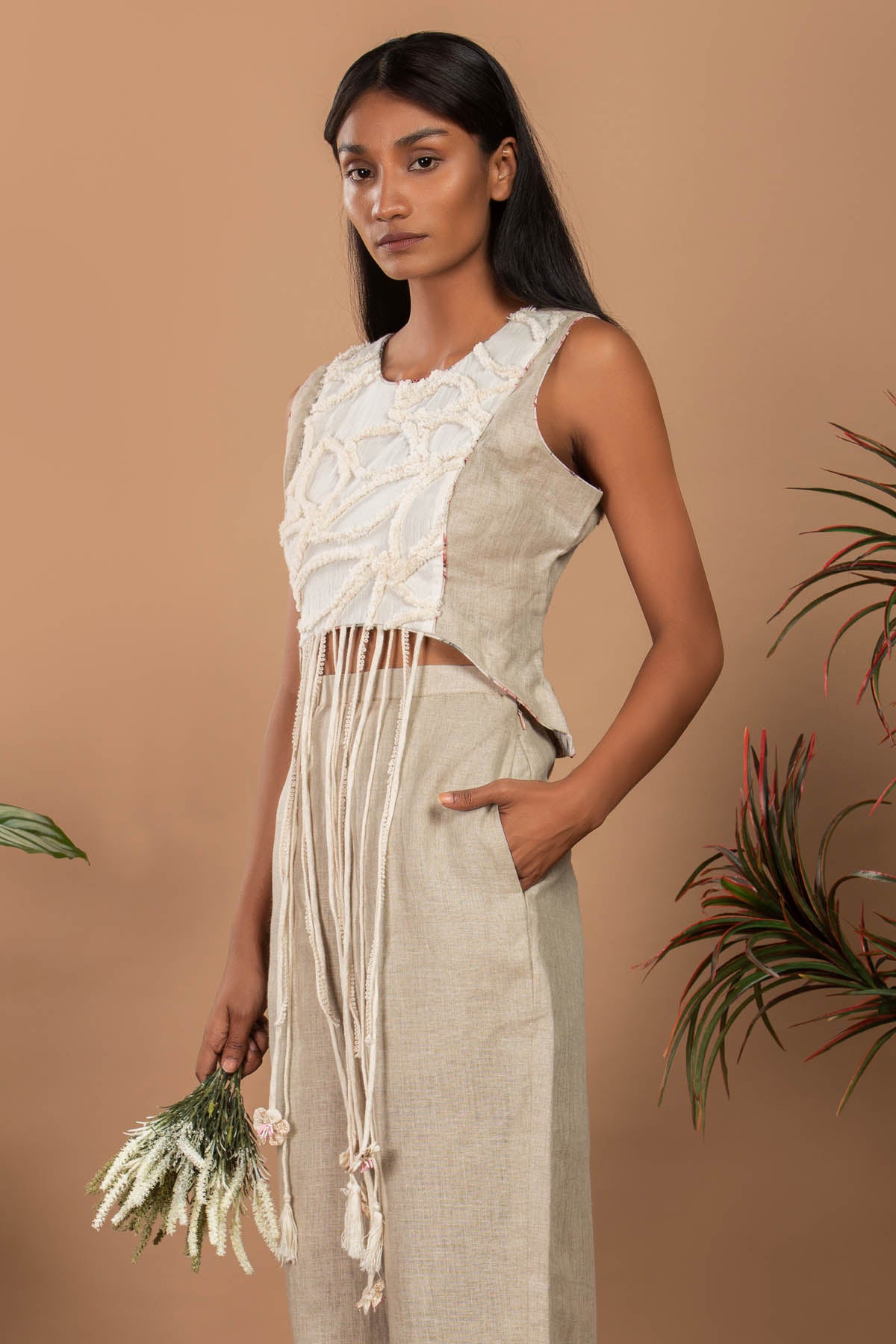 Beige Linen Fringed Co-ord Set