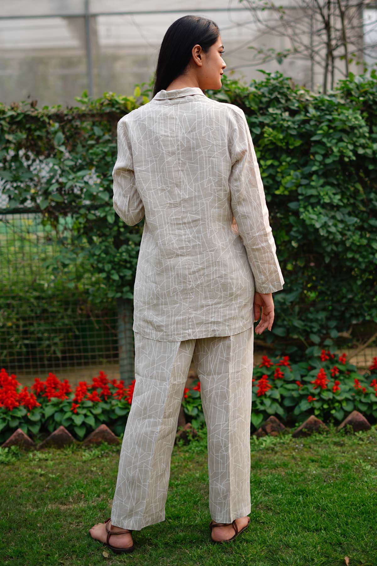 Beige Linen Printed Blazer