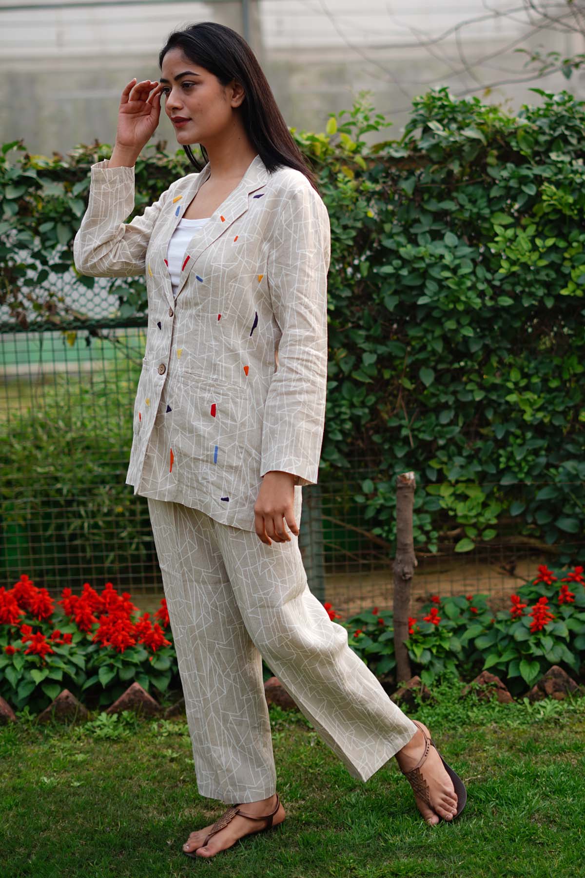 Beige Linen Printed Blazer