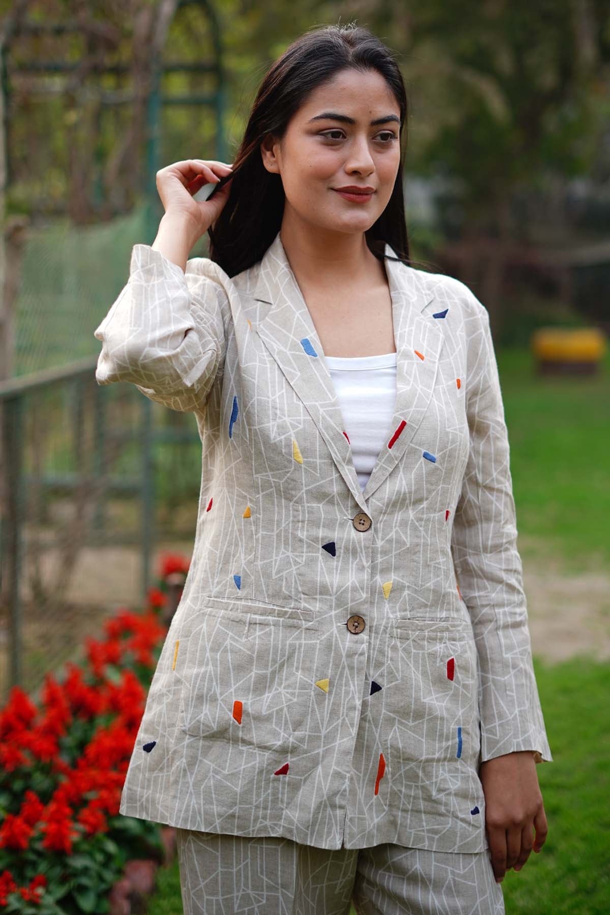 Beige Linen Printed Blazer