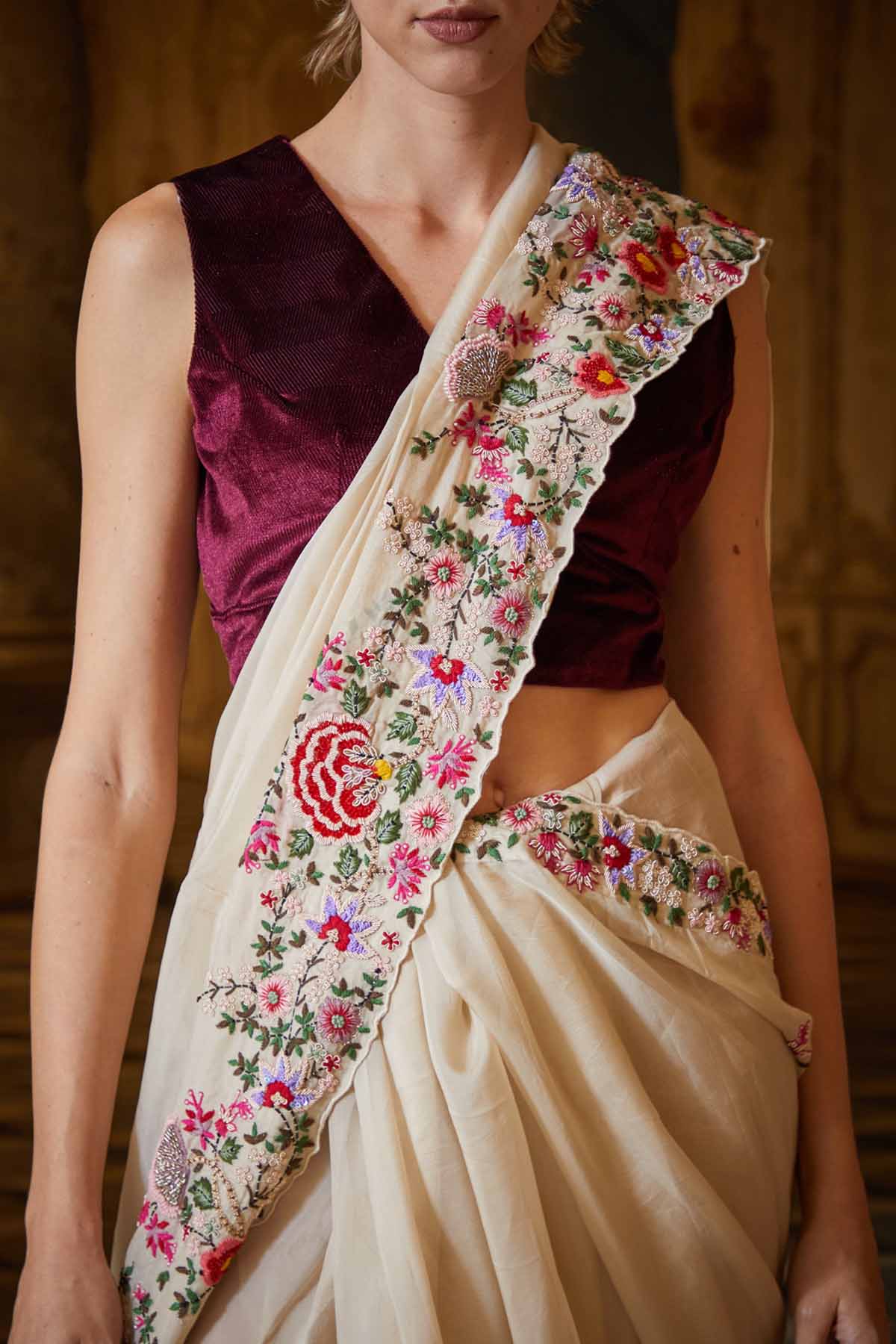 Beige Organza Embroidered Saree