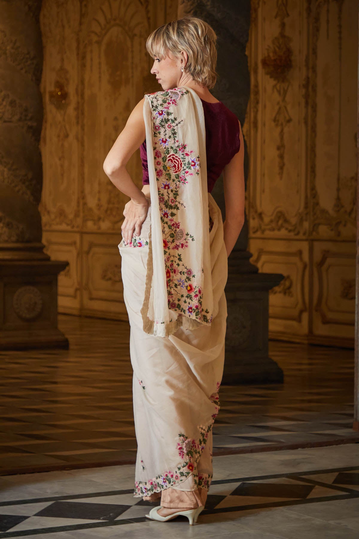 Beige Organza Embroidered Saree