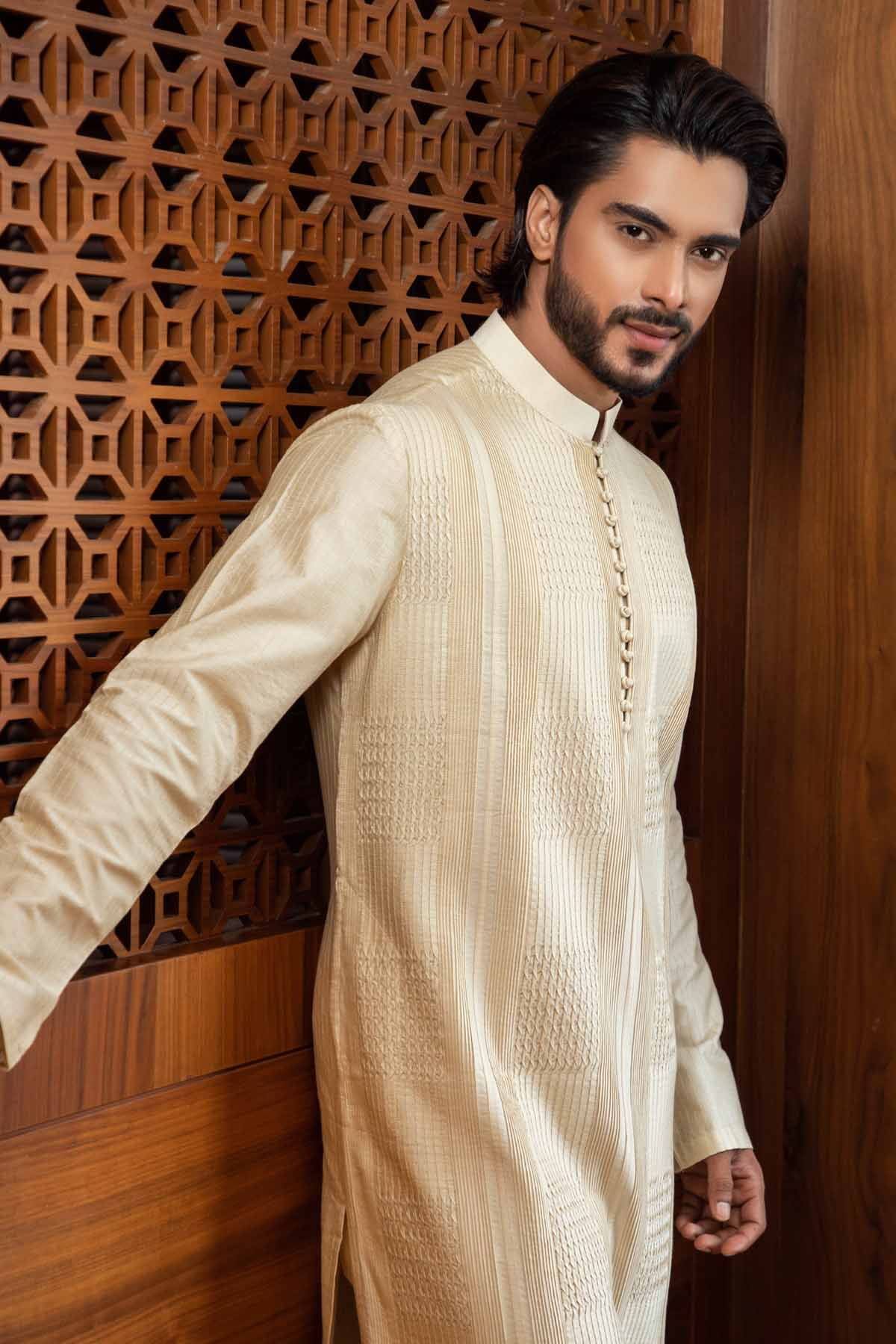 Beige Pintucked Kurta Set
