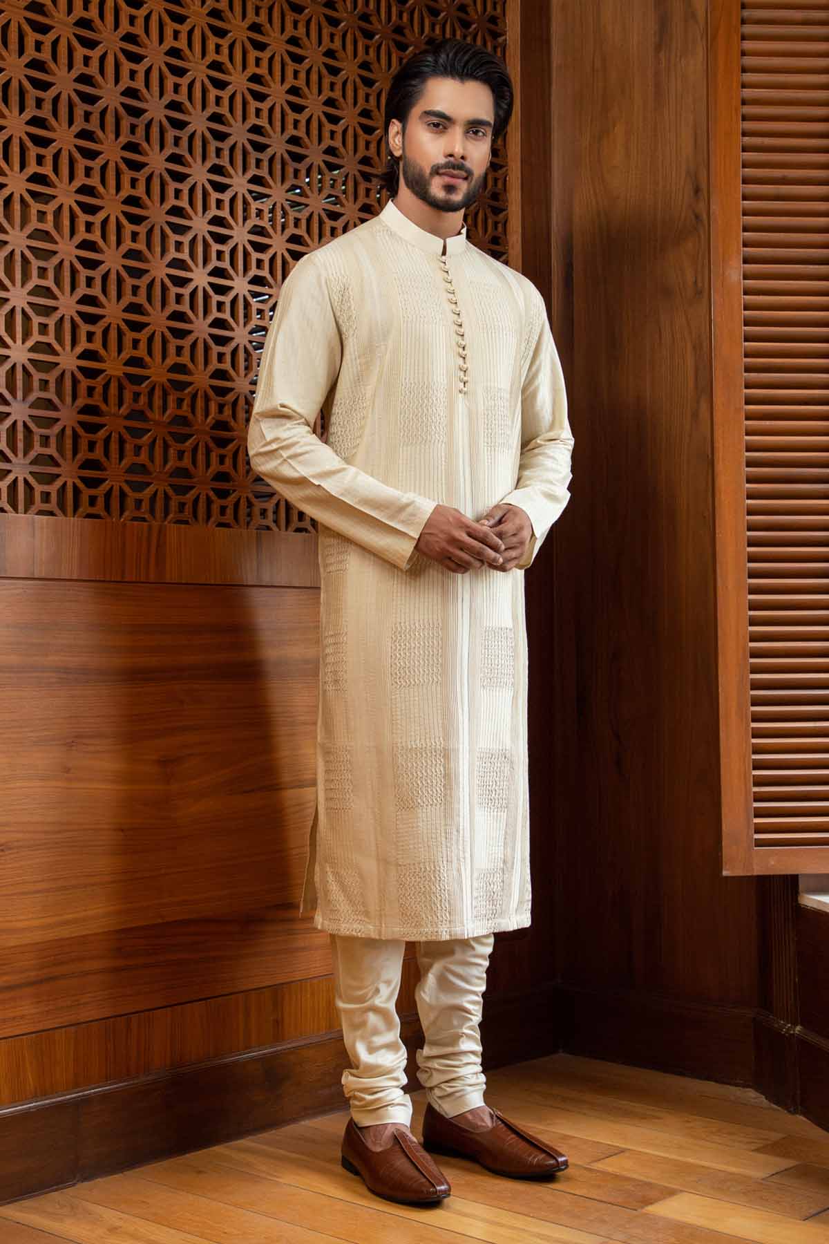 Beige Pintucked Kurta Set