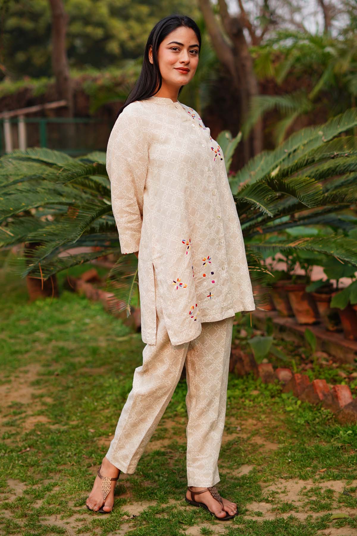 Beige Print & Embroidered Shirt