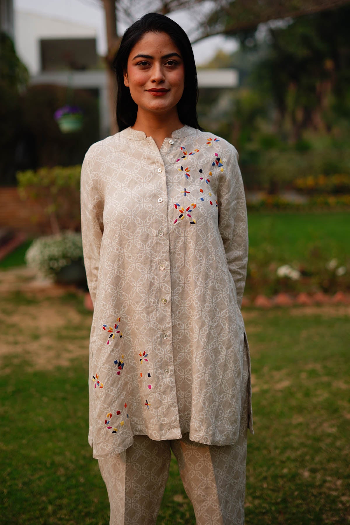 Beige Print & Embroidered Shirt