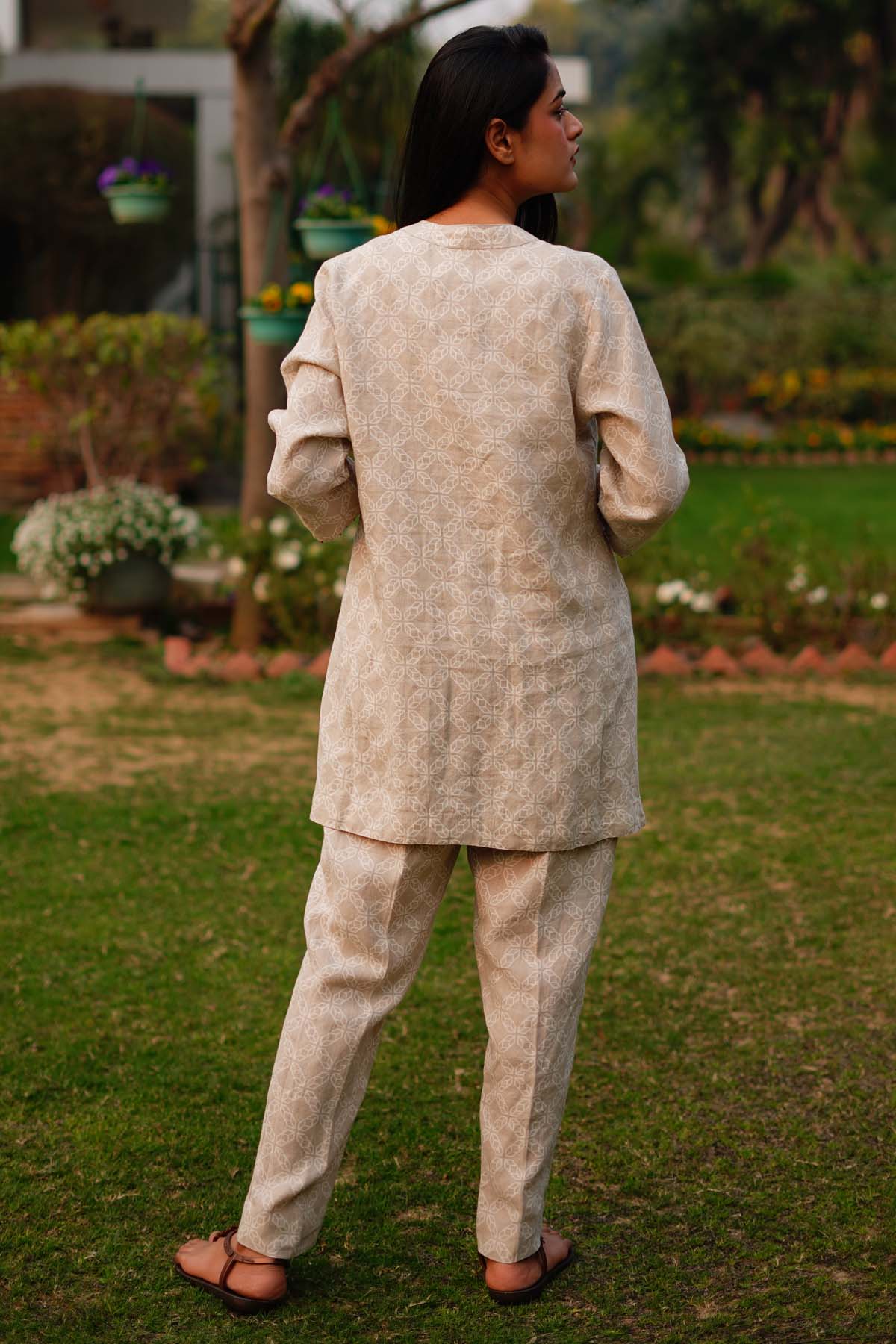 Beige Print & Embroidered Shirt