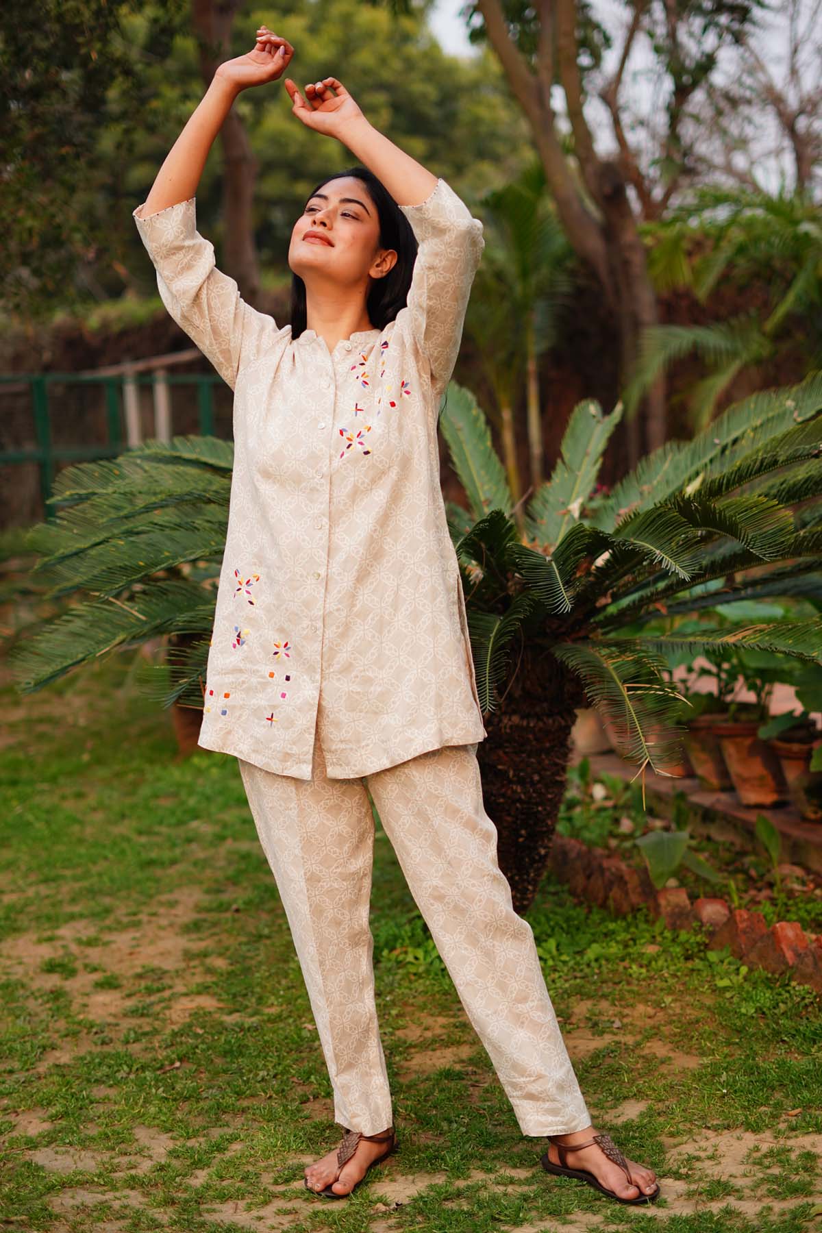 Beige Print & Embroidered Shirt