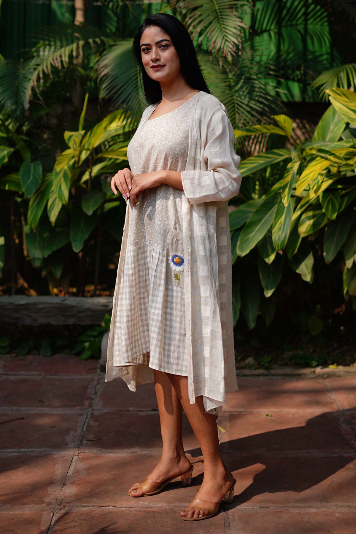 Beige Pure Linen Printed Cape