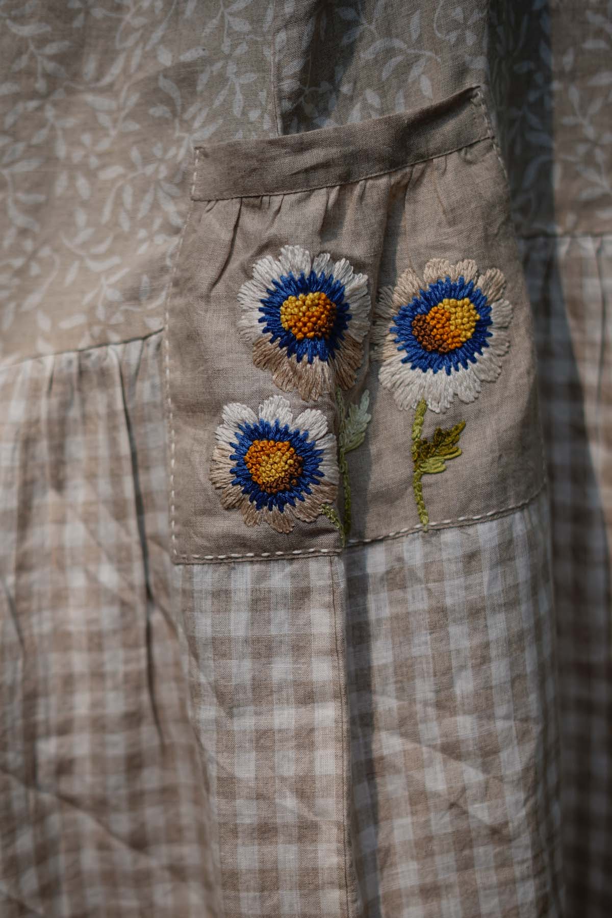 Beige Pure Linen Printed Dress