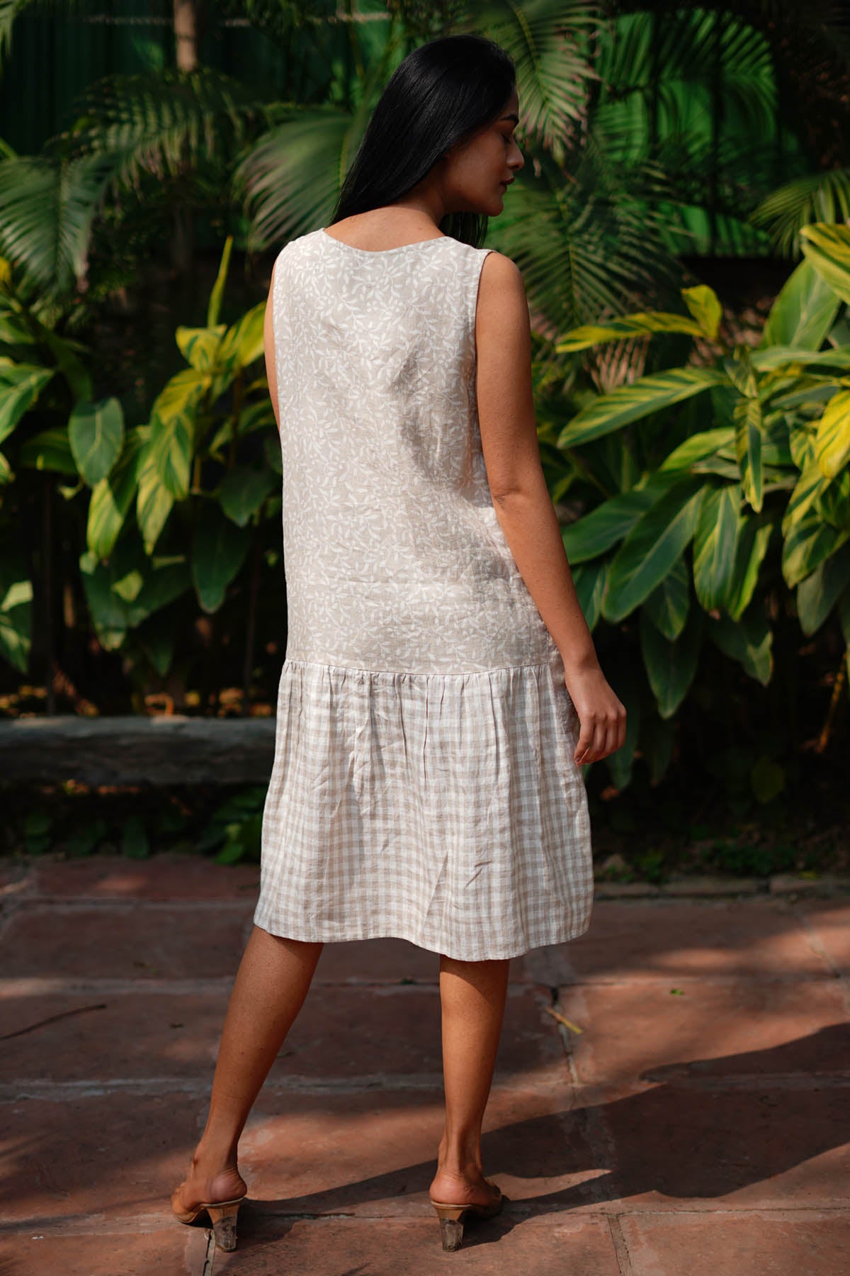 Beige Pure Linen Printed Dress
