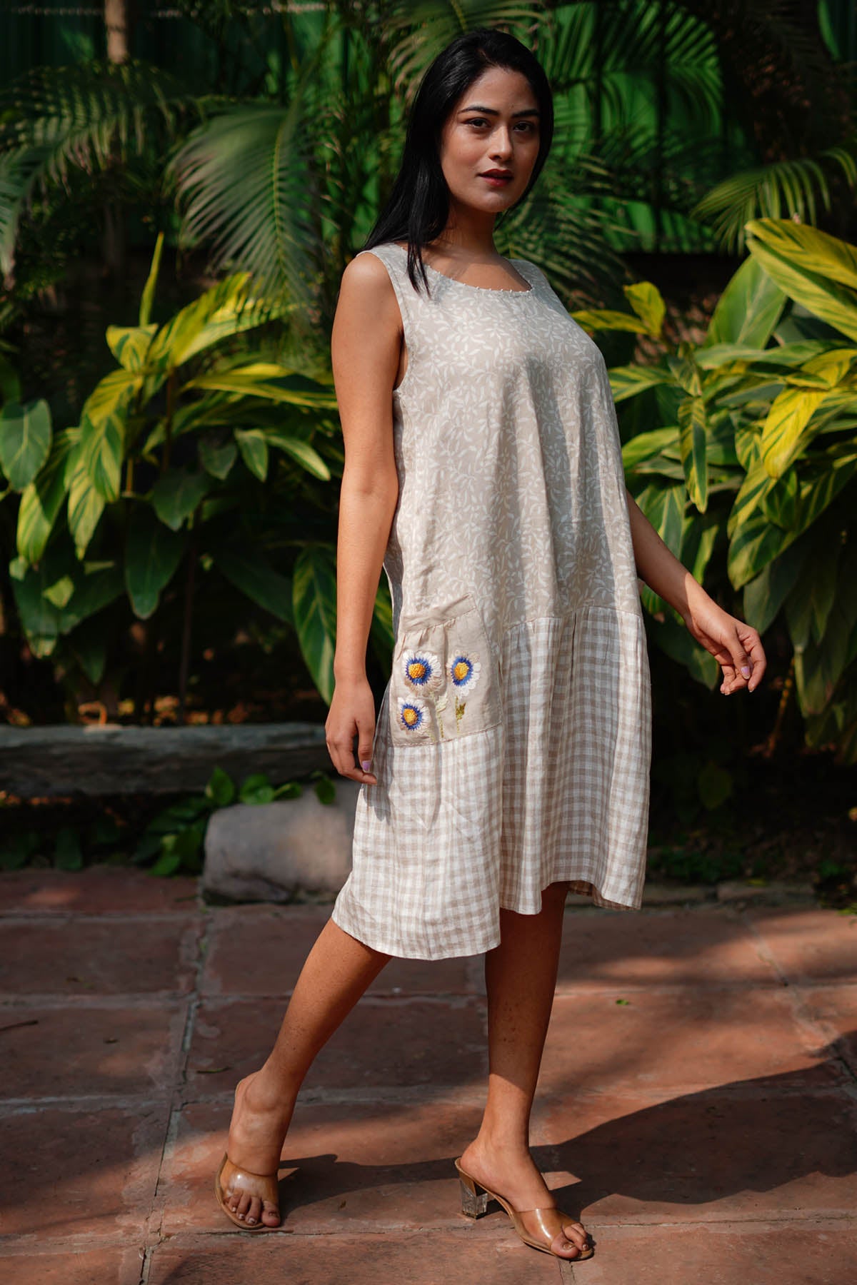 Beige Pure Linen Printed Dress