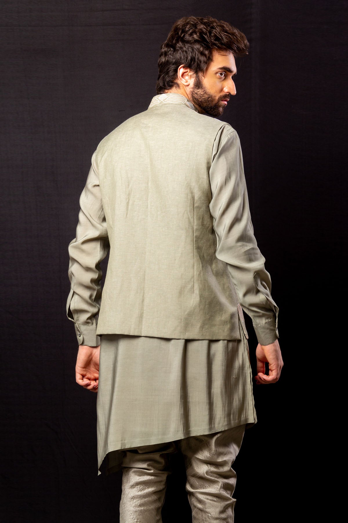 Beige Long Bundi Kurta Set