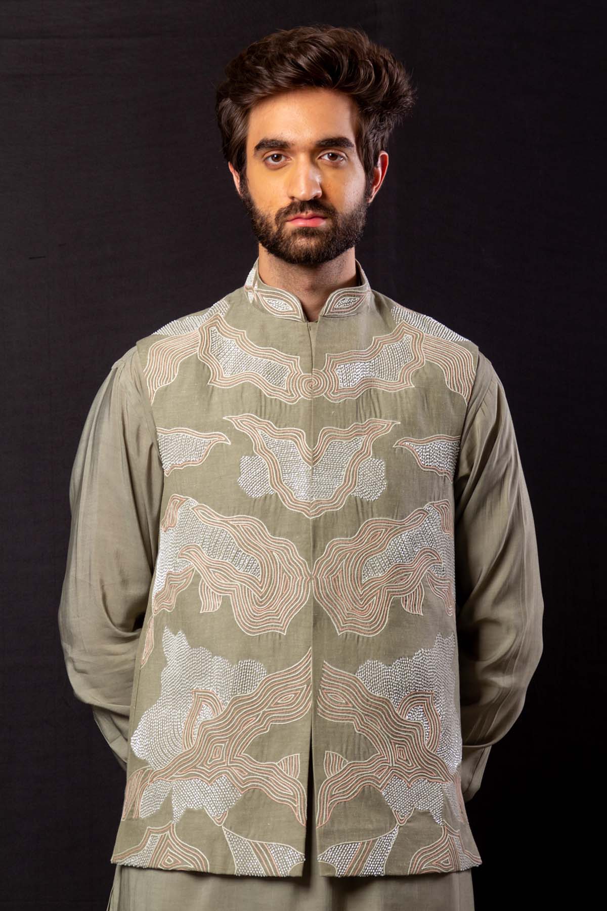 Beige Long Bundi Kurta Set