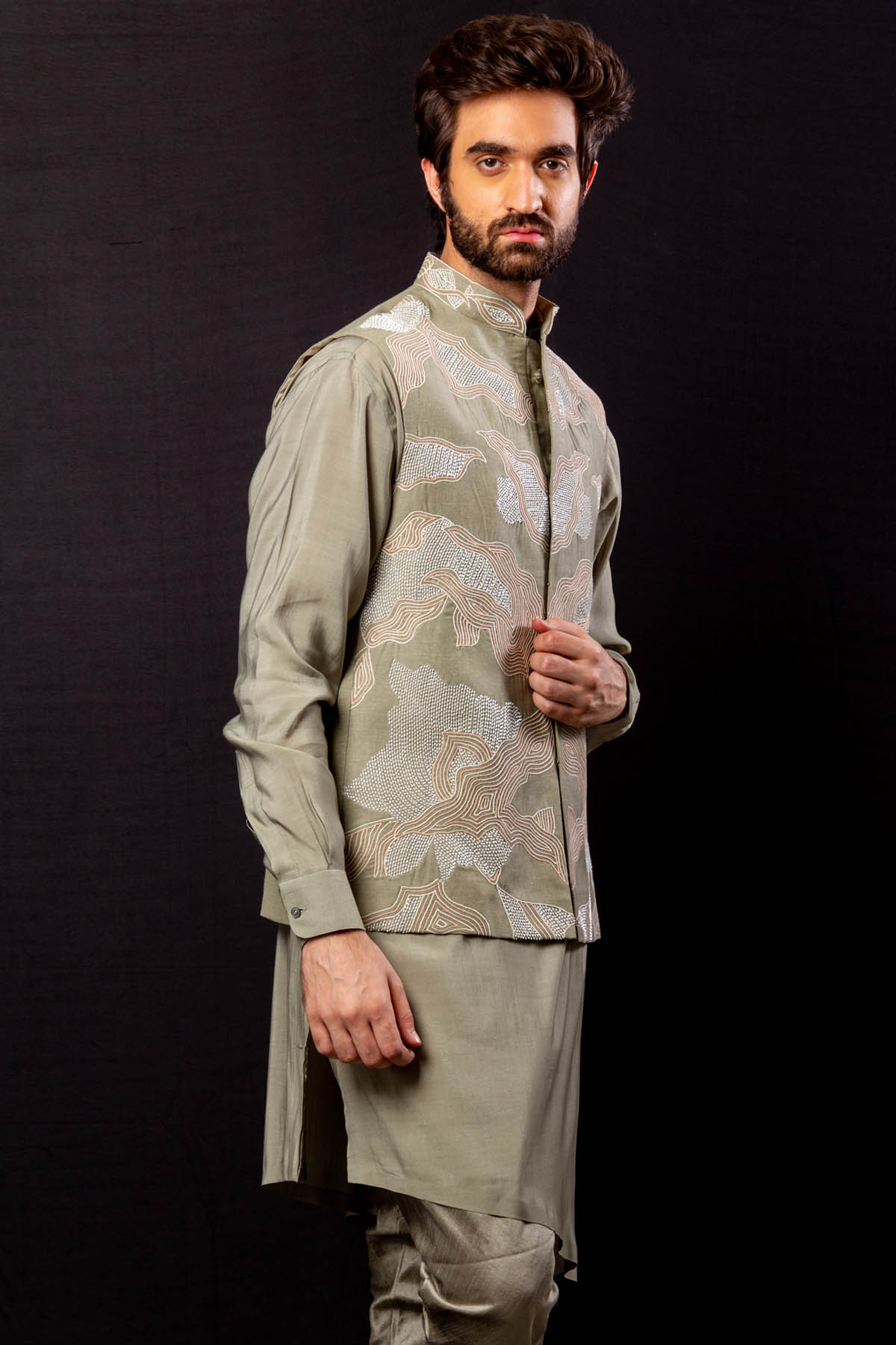 Beige Long Bundi Kurta Set