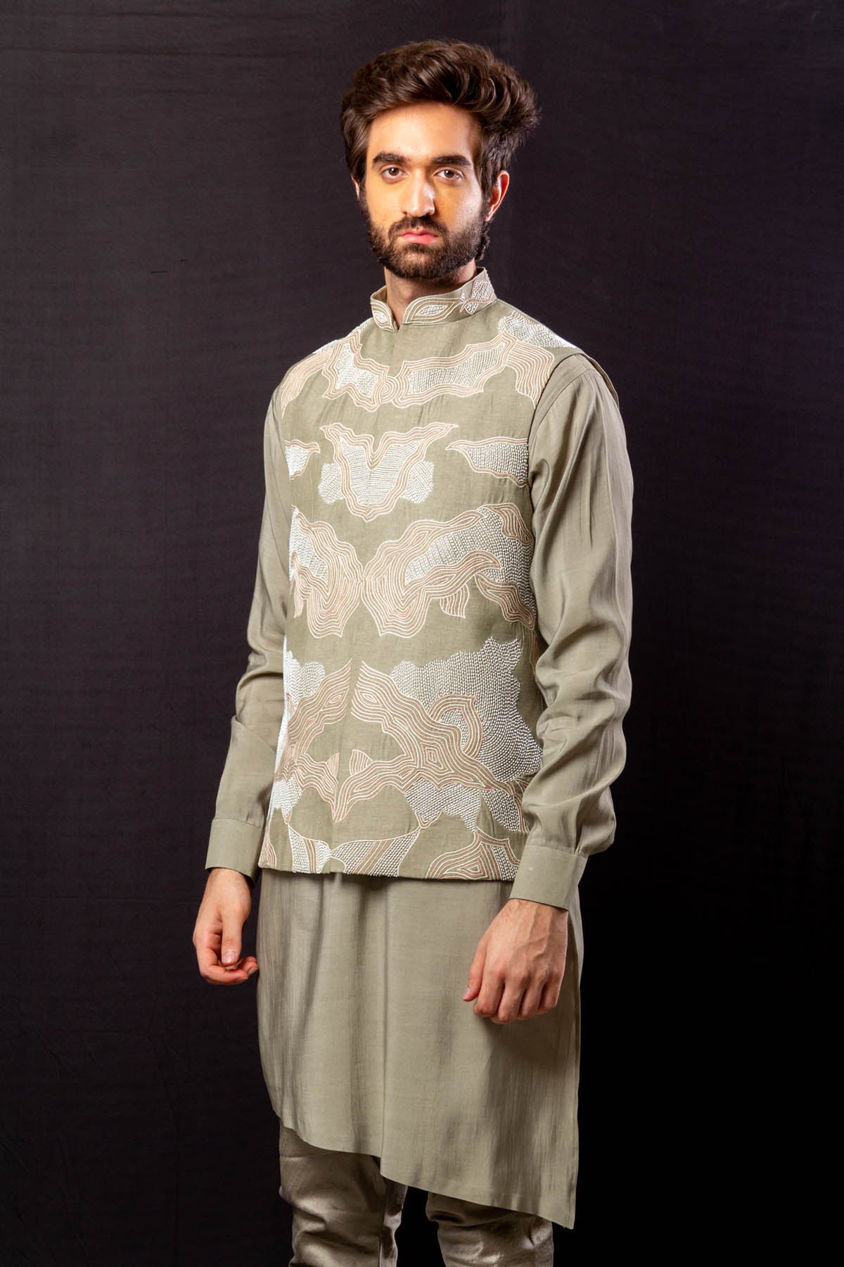 Beige Long Bundi Kurta Set