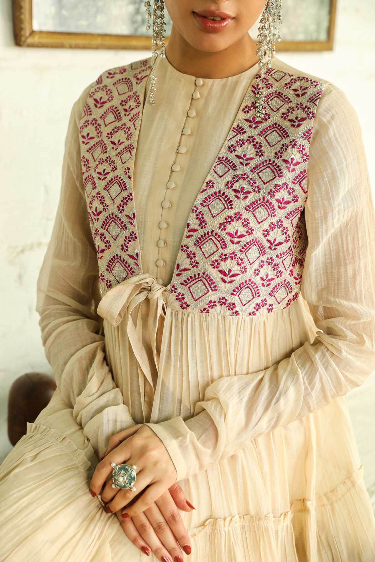 Beige Resham & Zari Kurta Set