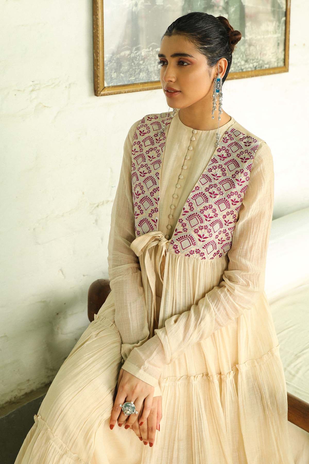 Beige Resham & Zari Kurta Set