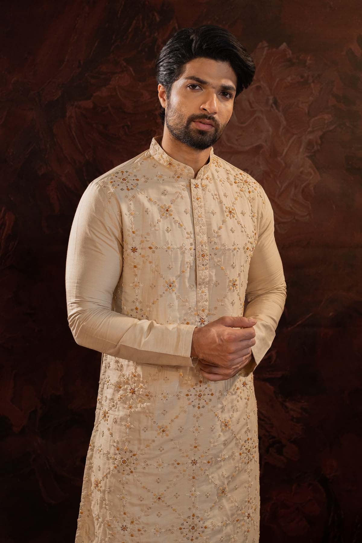 Beige Silk Embroidered Kurta Set