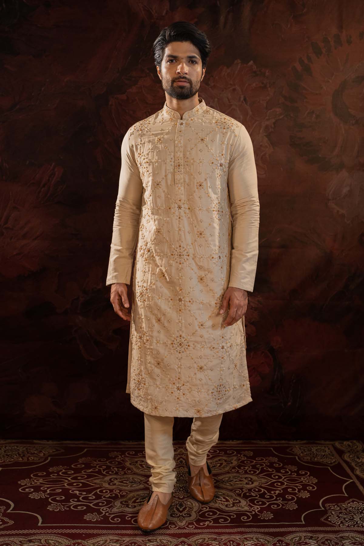 Beige Silk Embroidered Kurta Set