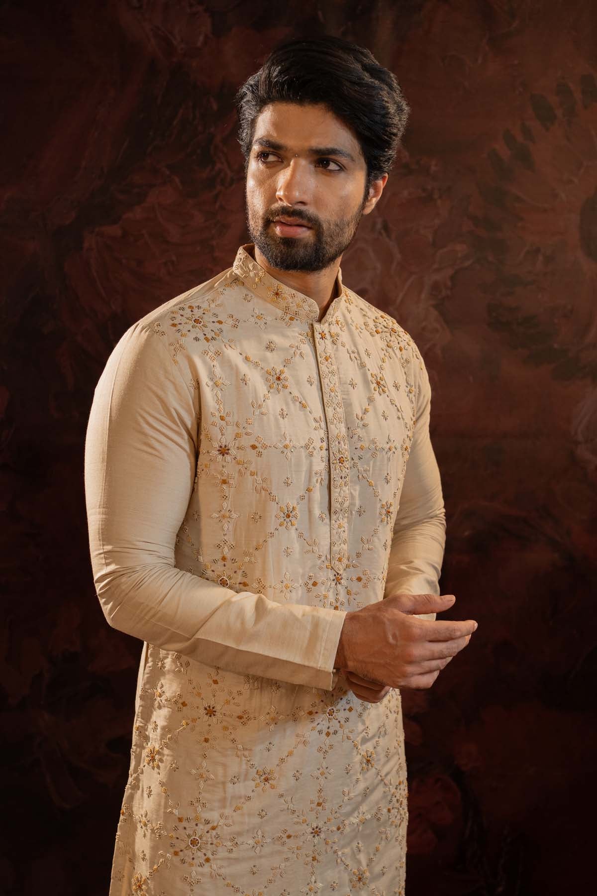 Beige Silk Embroidered Kurta Set