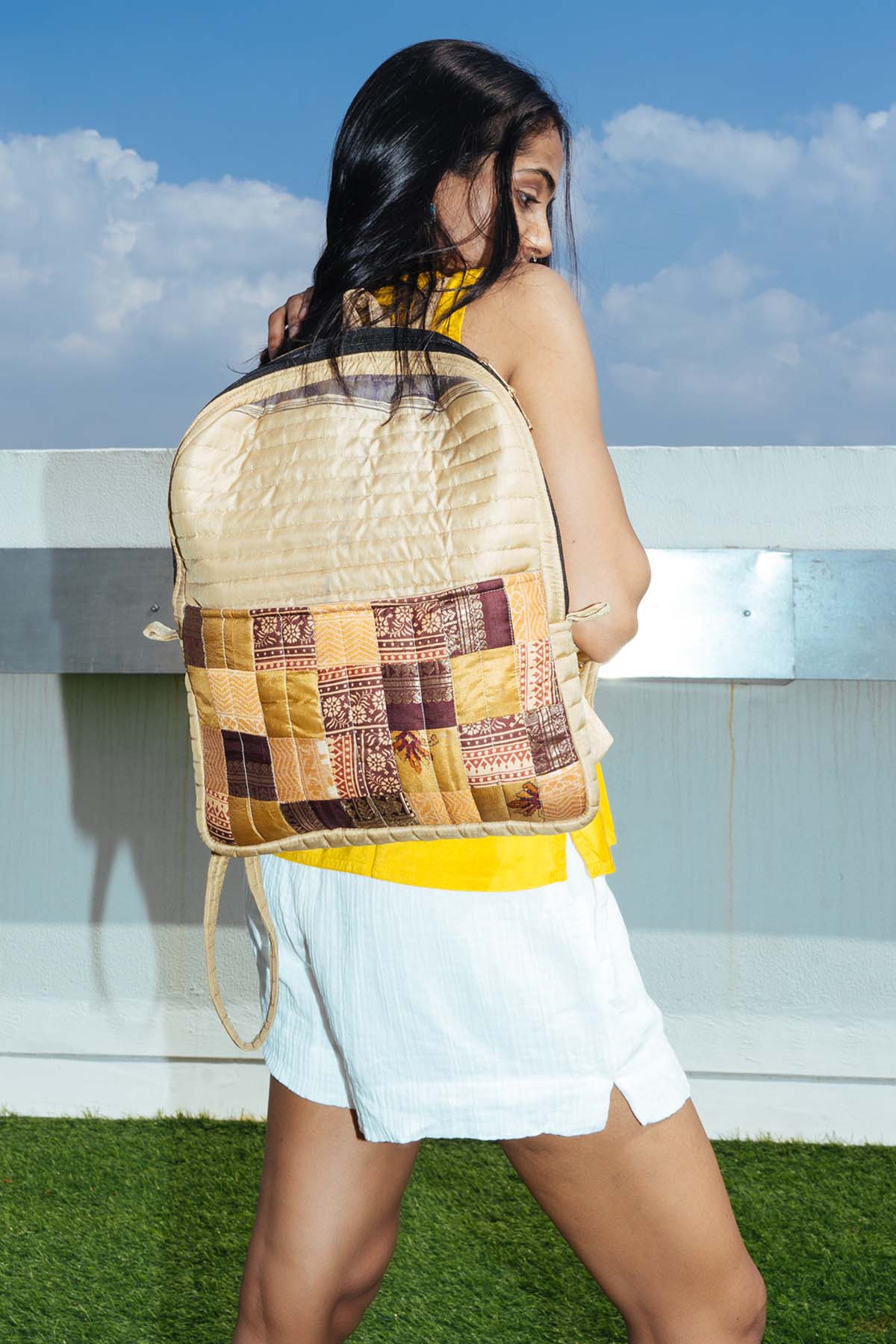 Beige Silk Godhadi Patchwork Bag