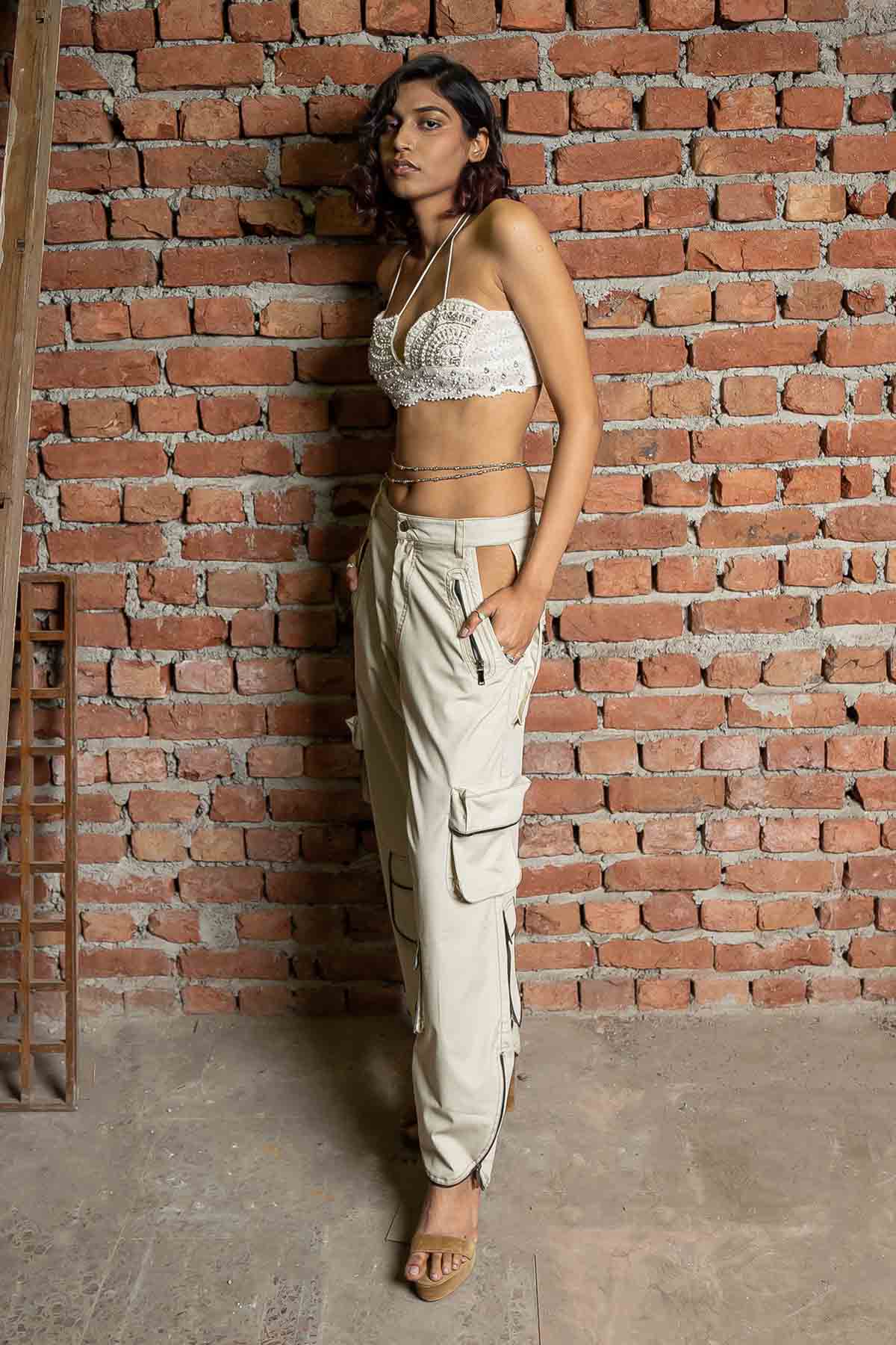 Beige Zip Lock Cargo Pants