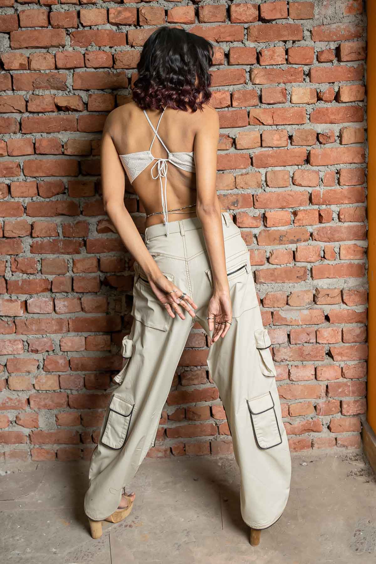 Beige Zip Lock Cargo Pants