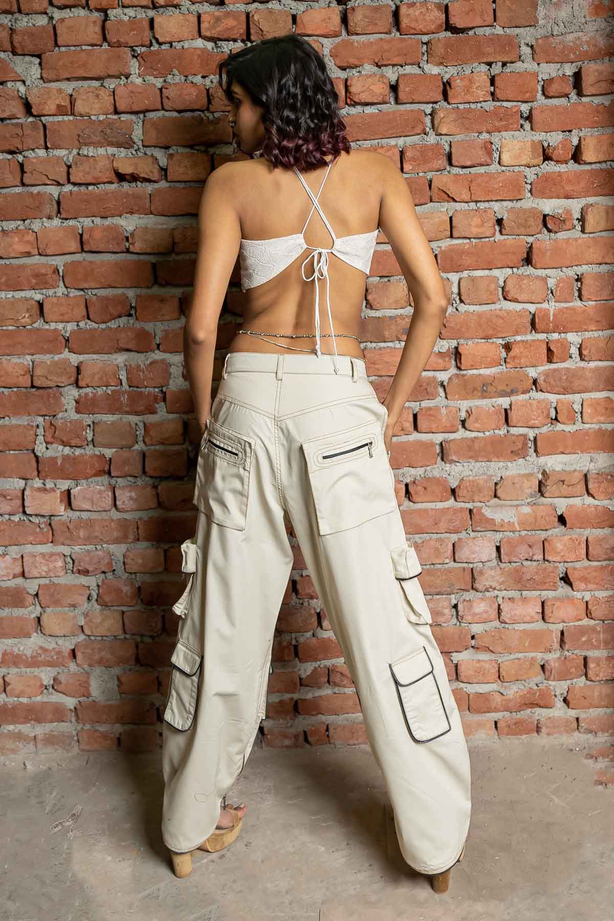 Beige Zip Lock Cargo Pants