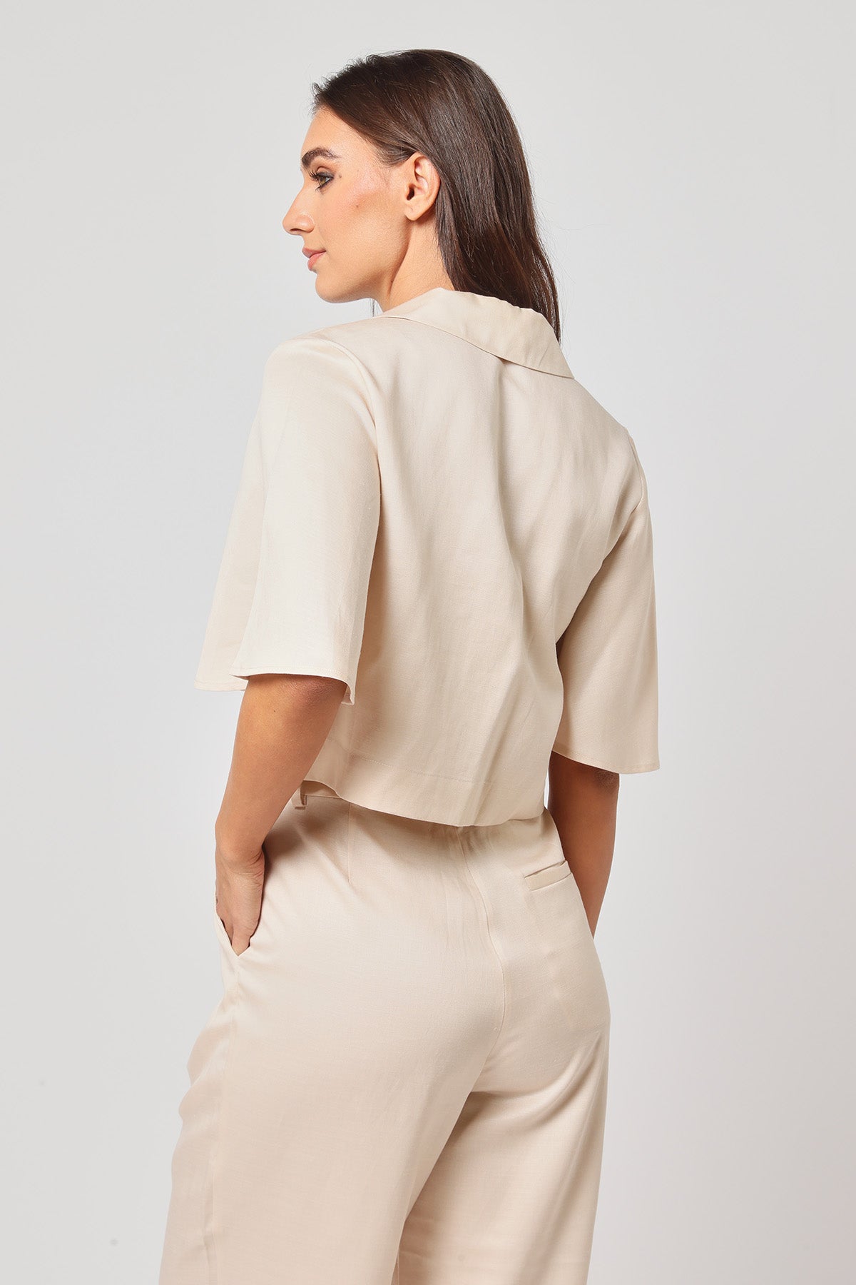 Beige 100% Linen Blend Crop Top