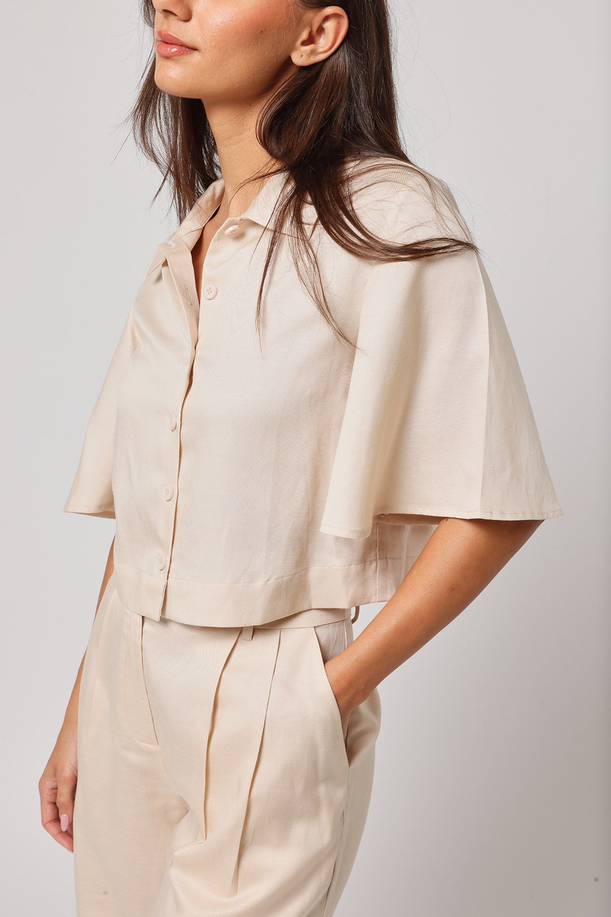 Beige 100% Linen Blend Crop Top