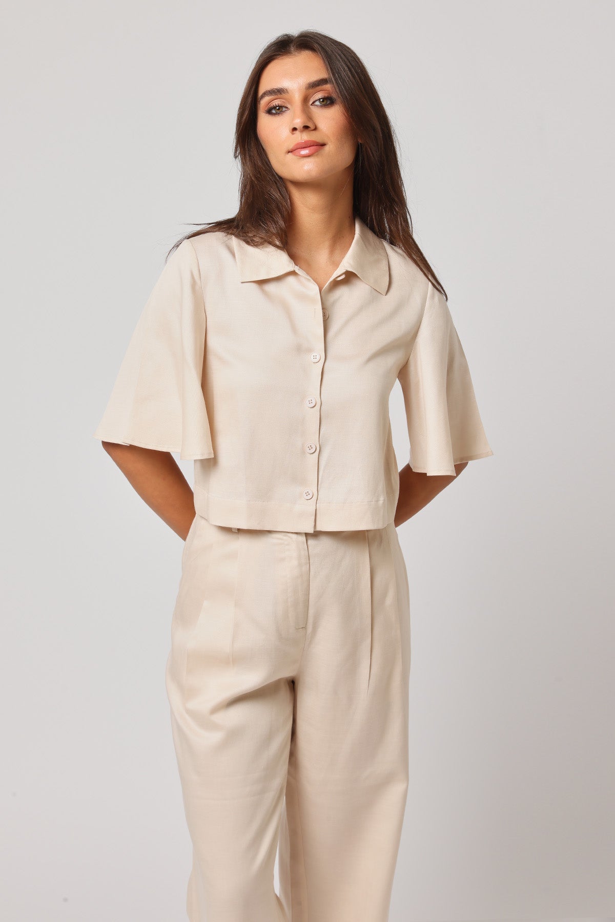 Buy Beige 100% Linen Blend Crop Top by Ashita Fernandes for Women online at ScrollnShops