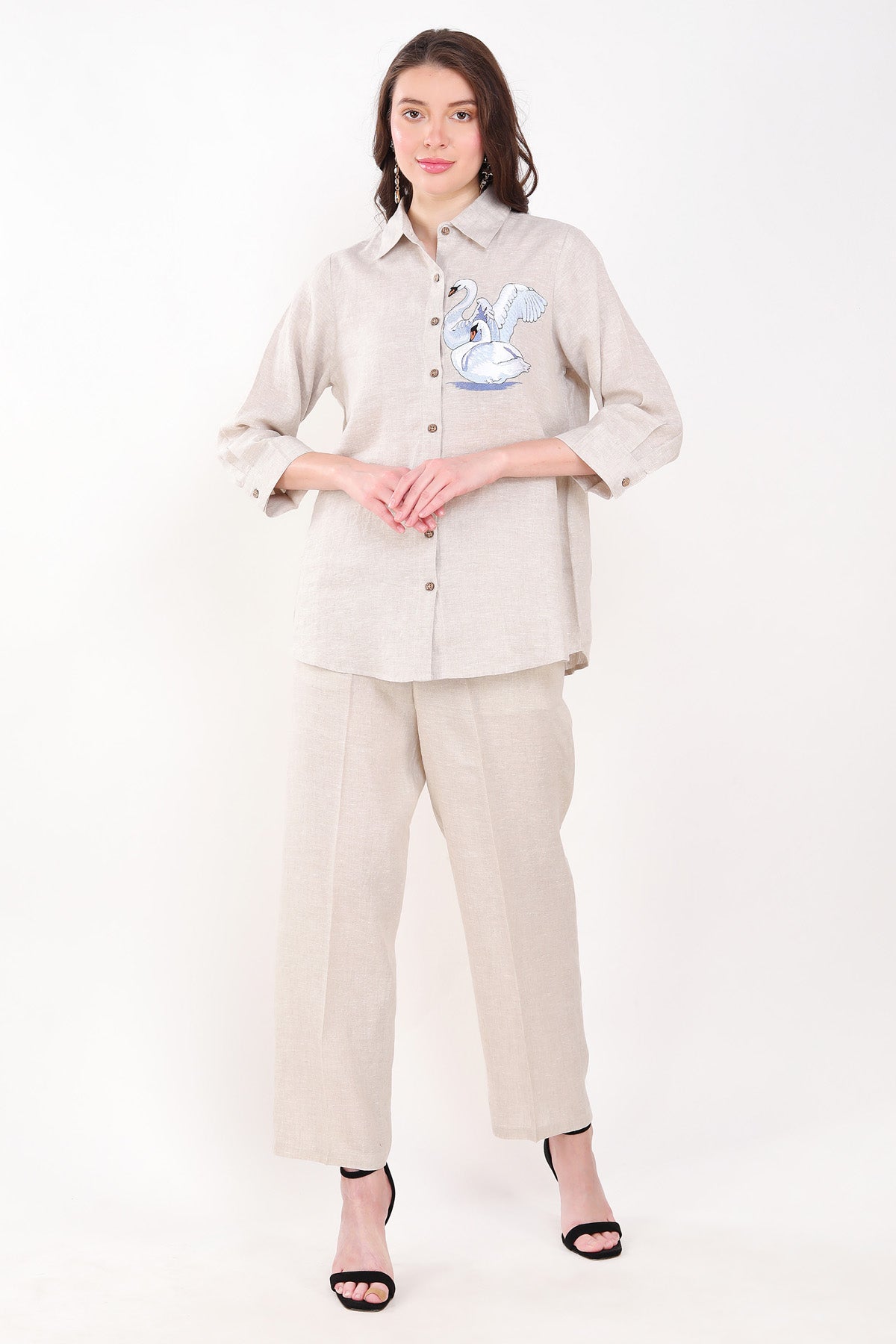 Linen Bloom Beige 100% Linen Solid Pants for women online at ScrollnShops
