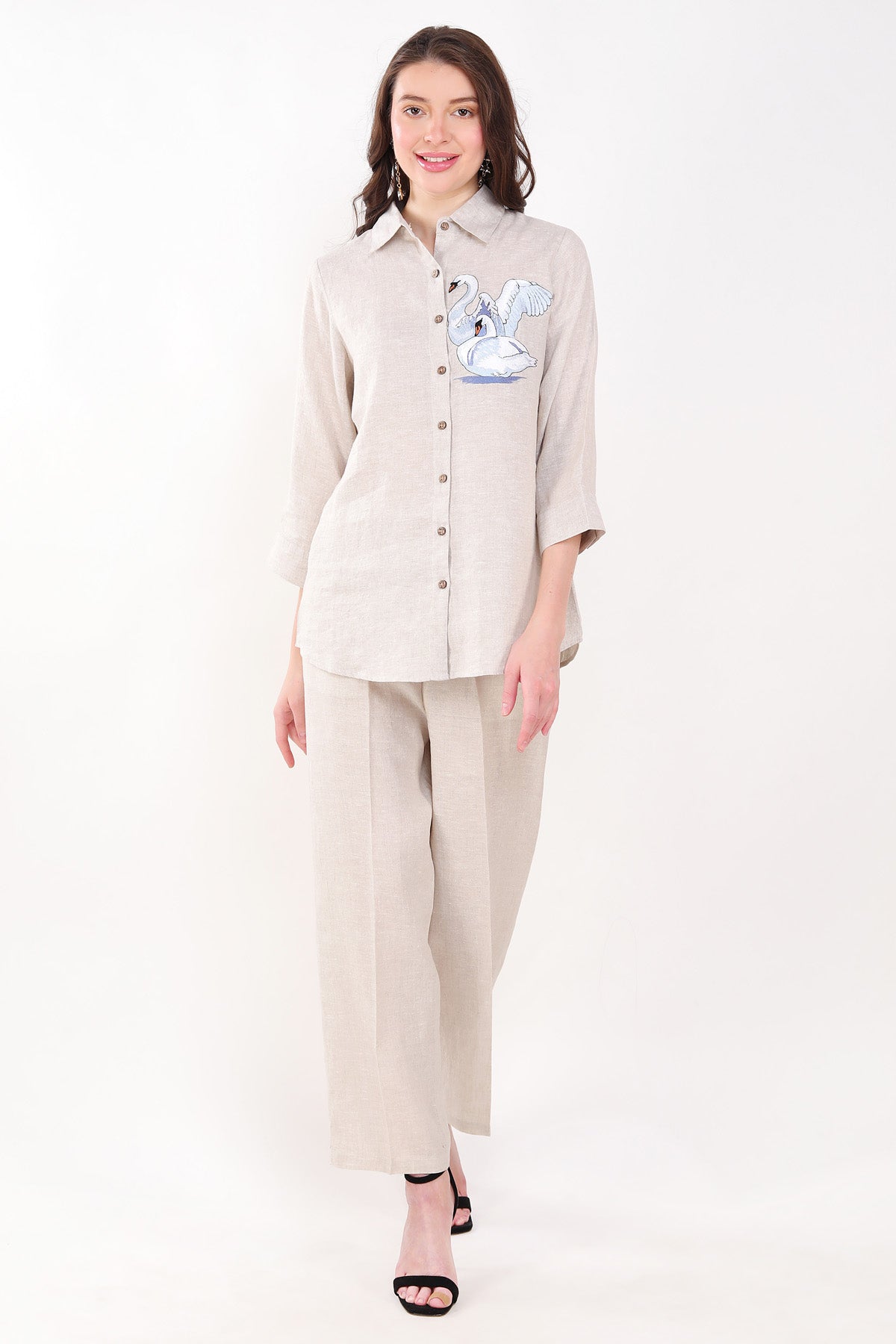 Beige 100% Linen Solid Pants