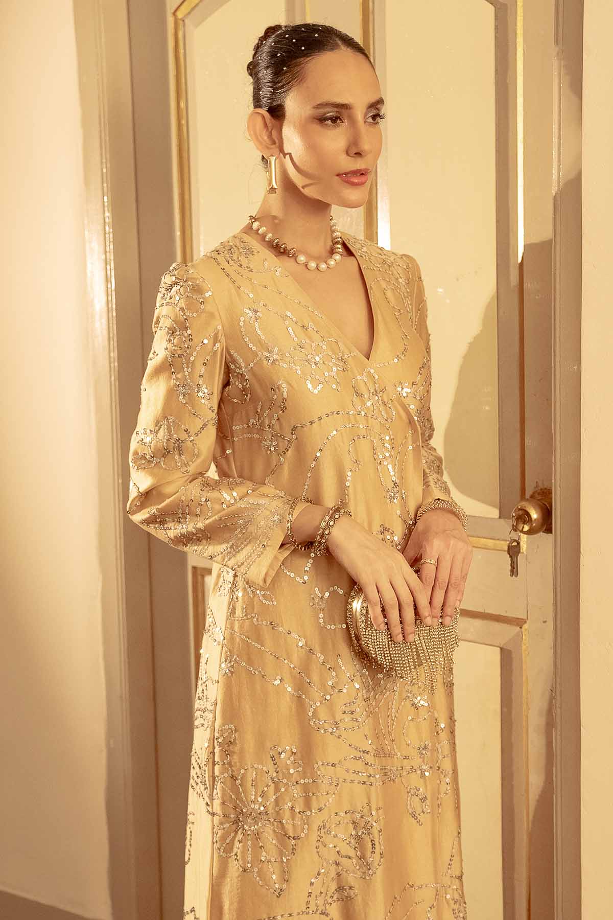 Beige Aari Embroidered Kurta Set