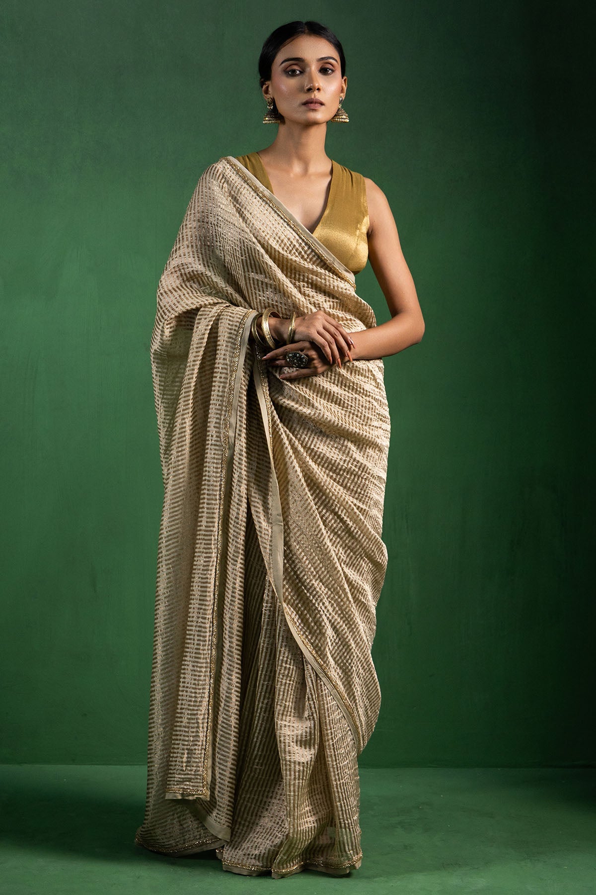 Buy Beige Adda Embroidered Saree for women by Ekagani Designer online available at scrollnshops