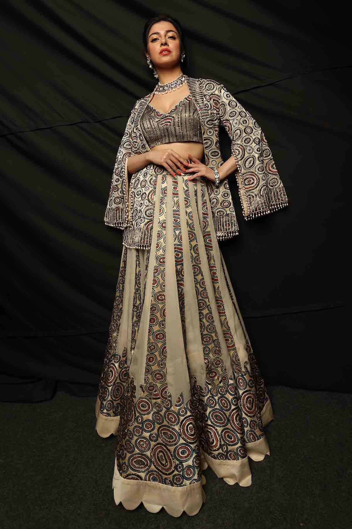 Beige Ajrakh Cutdana Skirt Set