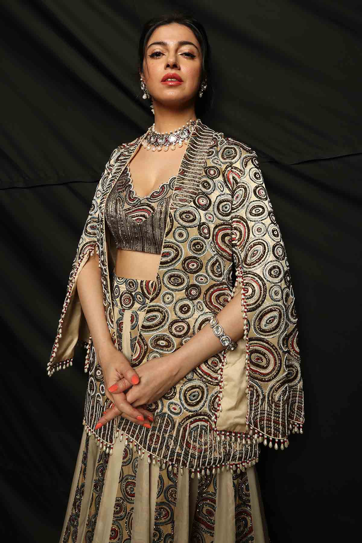 Beige Ajrakh Cutdana Skirt Set