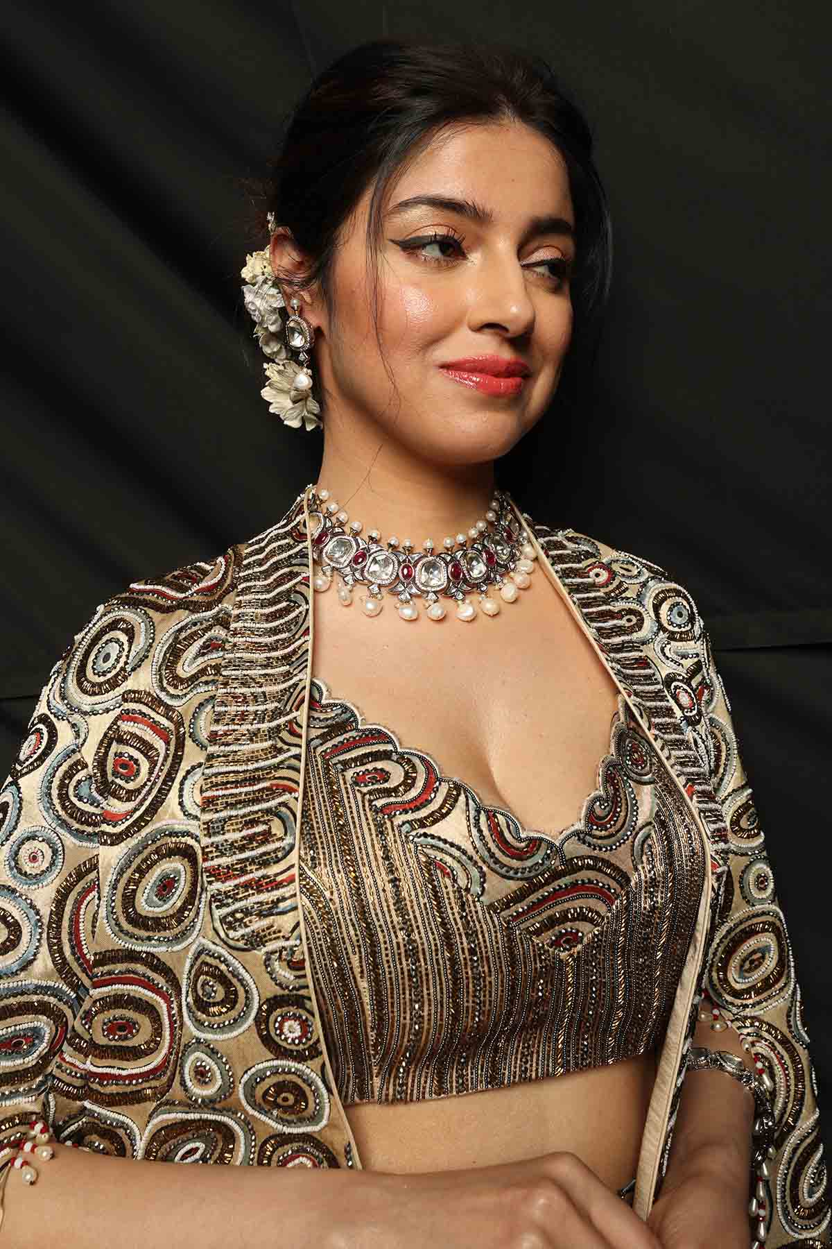 Beige Ajrakh Cutdana Skirt Set