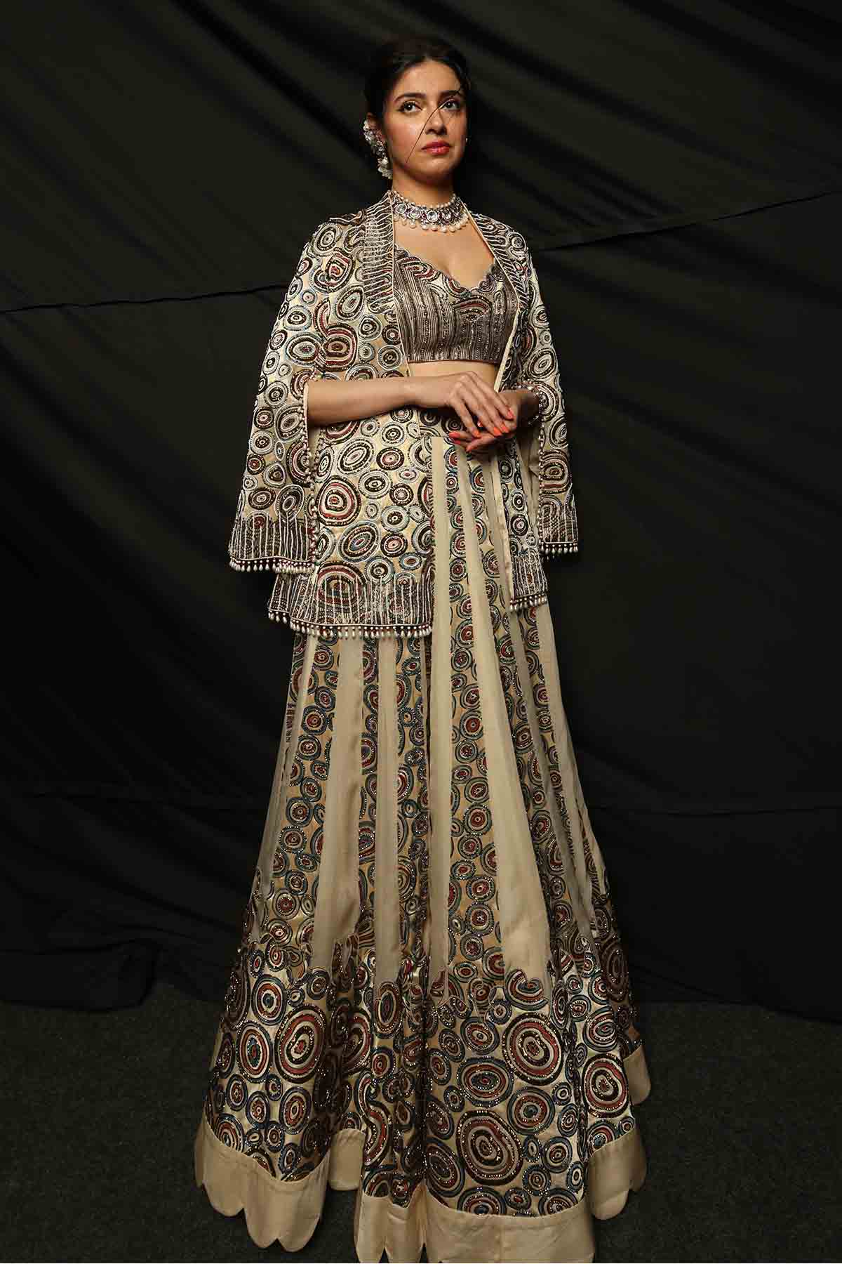 Beige Ajrakh Cutdana Skirt Set